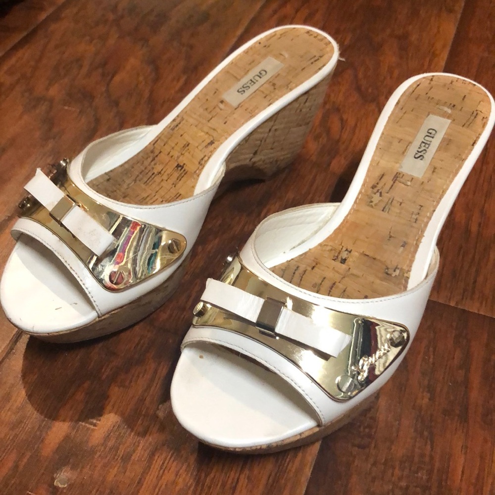 GUESS White Leather Cork Platform Sandals w/Gold